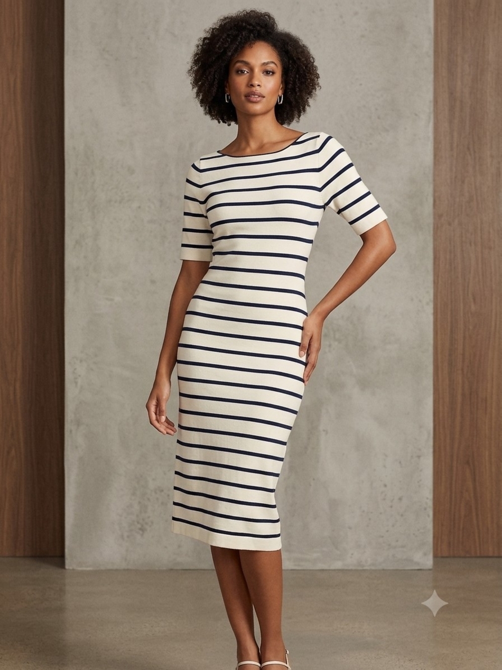 Boston Proper Cream and Navy Striped Midi Knit Dress